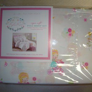 NIP LYLA ROSE FULL 4 PC MICROFIBER SHEET SET GIRLS ROOM THEME FLOWERS BICYCLES